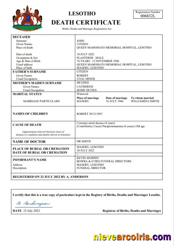 Lesotho vital record death certificate